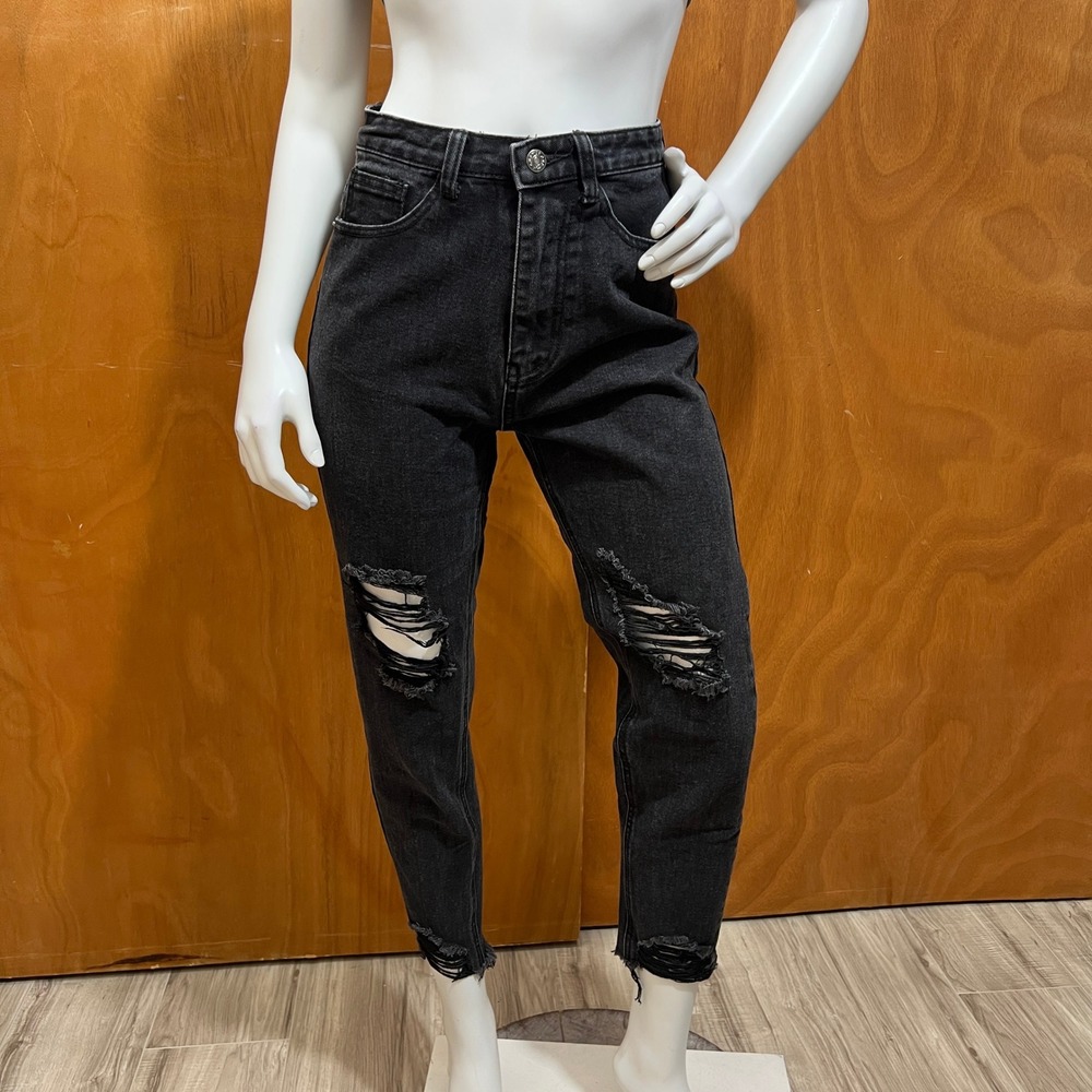PrettyLittleThing Black Slim Mom Jeans Distressed Ripped High Rise Women Size 2